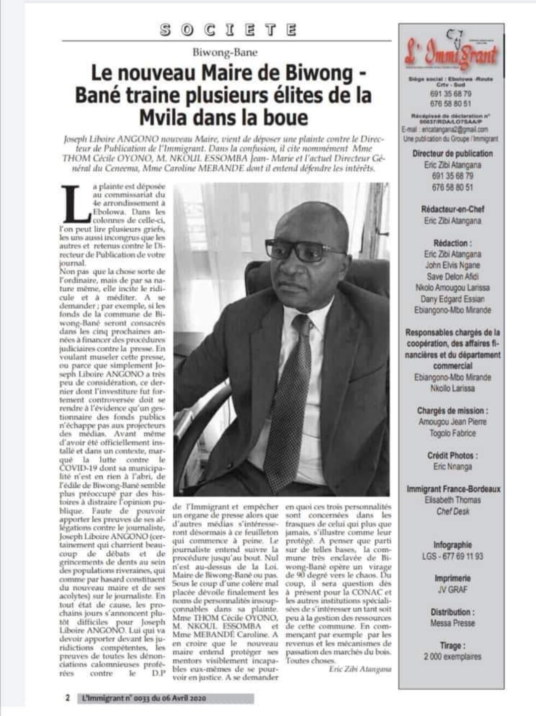 Revue de presse:Un article du journal l Immigrant signé du DP Éric zibi Atangana 👇👇👇 année 2020.